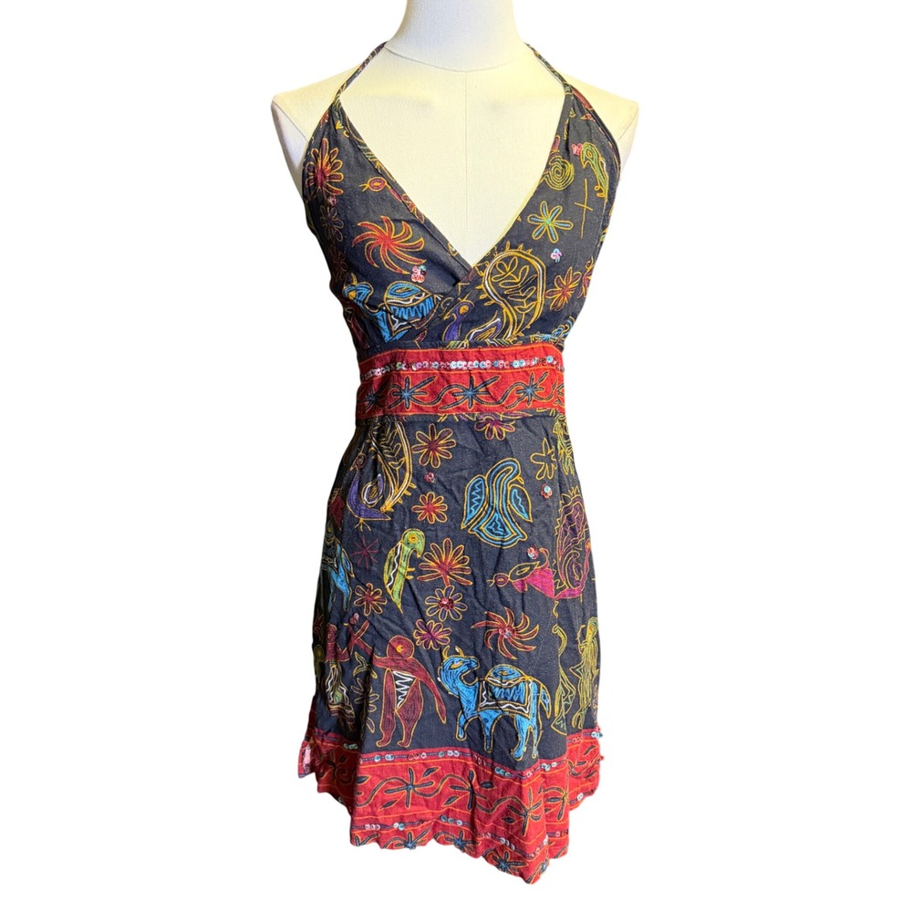 Vintage Boho Fairycore Halter Mini Dress S Cotton Embroidered Sequin Indie
